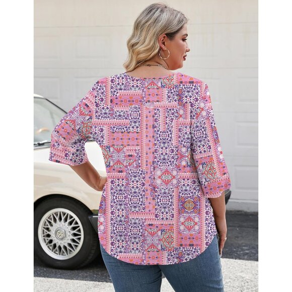 Plus Size Women's Blouses 3/4 Sleeve Crewneck Casual Shirts Easy to Match - Picture 3 of 5